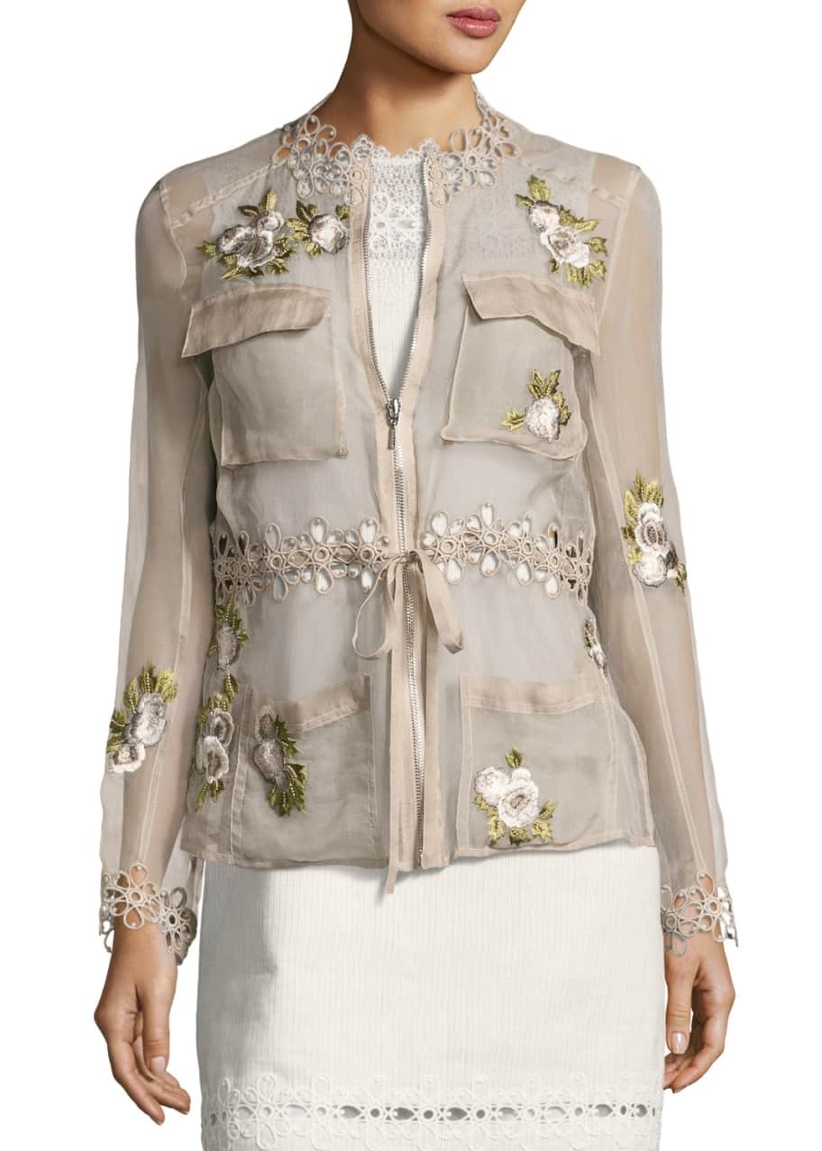 Elie Tahari Katya Floral Applique Silk Jacket Light Brown