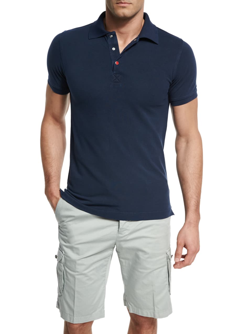 Kiton Short-Sleeve Snap-Placket Pique Polo Shirt, Navy - Bergdorf Goodman