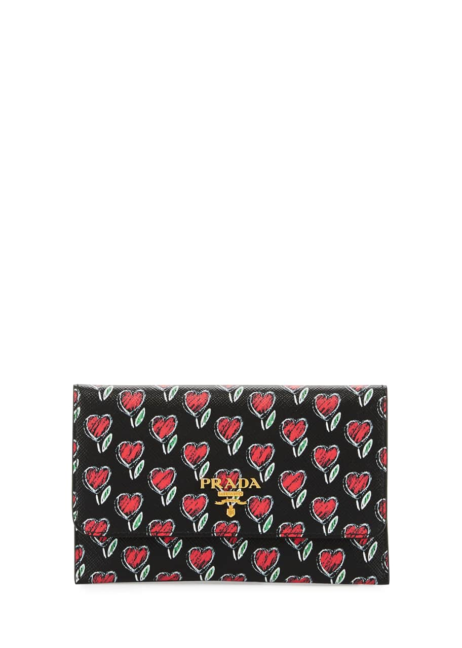 Prada Heart-Print Saffiano Flap Wallet, Black - Bergdorf Goodman