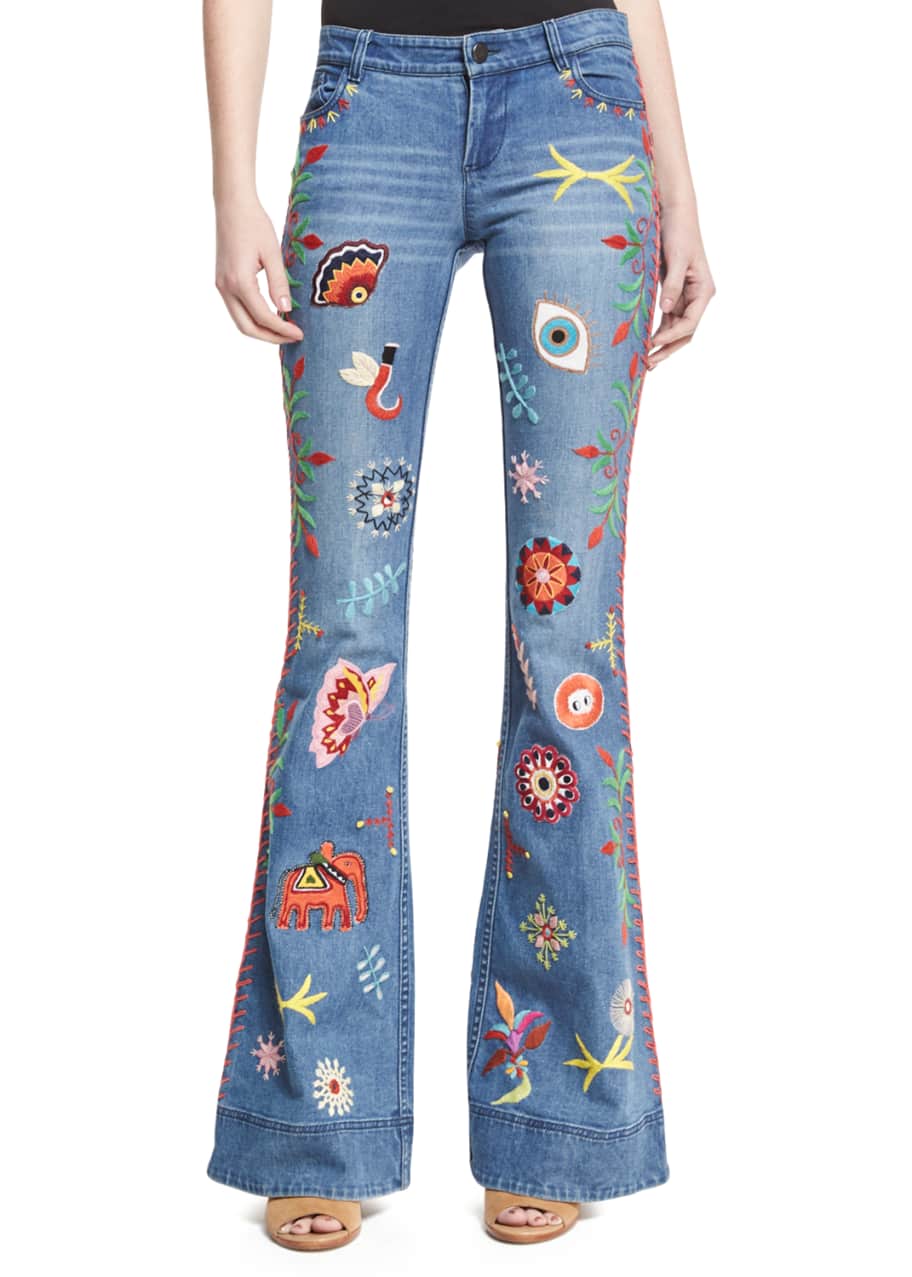 Alice + Olivia Ryley Embroidered Low-Rise Bell-Bottom Jeans, Multicolor ...