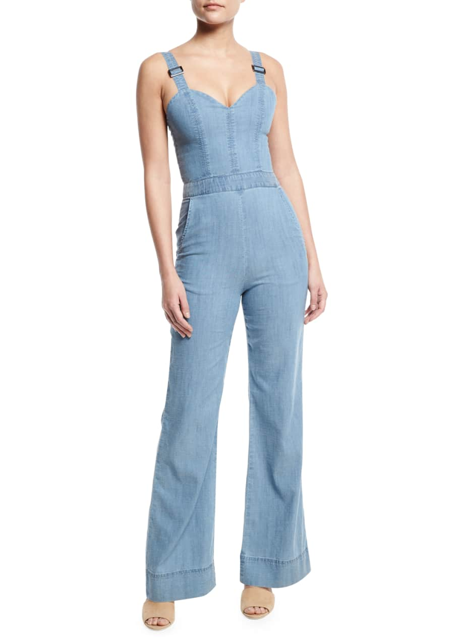 Alice + Olivia Crystal Wide-Leg Denim Overall Jumpsuit, Light Blue ...