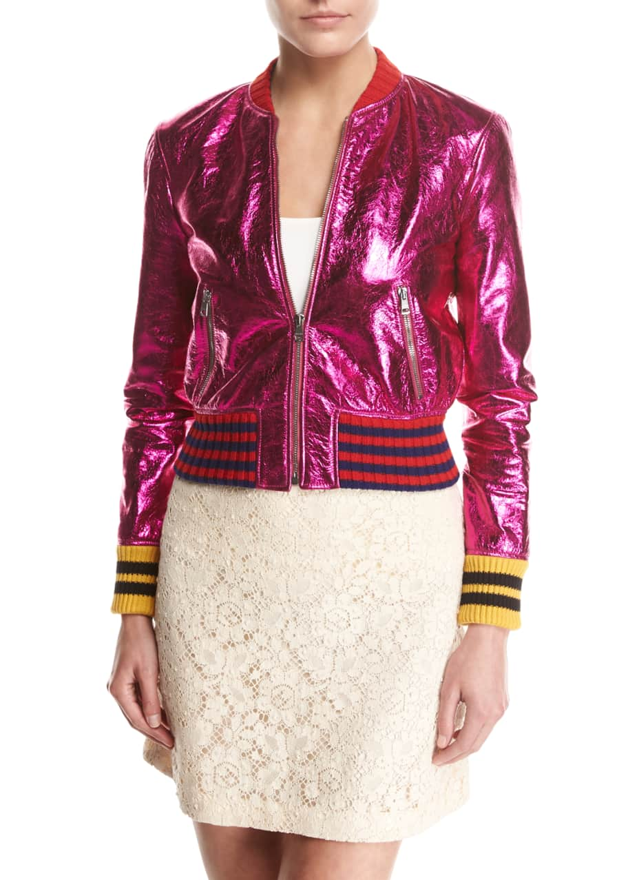 Gucci Pink Metallic Crinkle Leather Embroidered Bomber Jacket Size 8/42