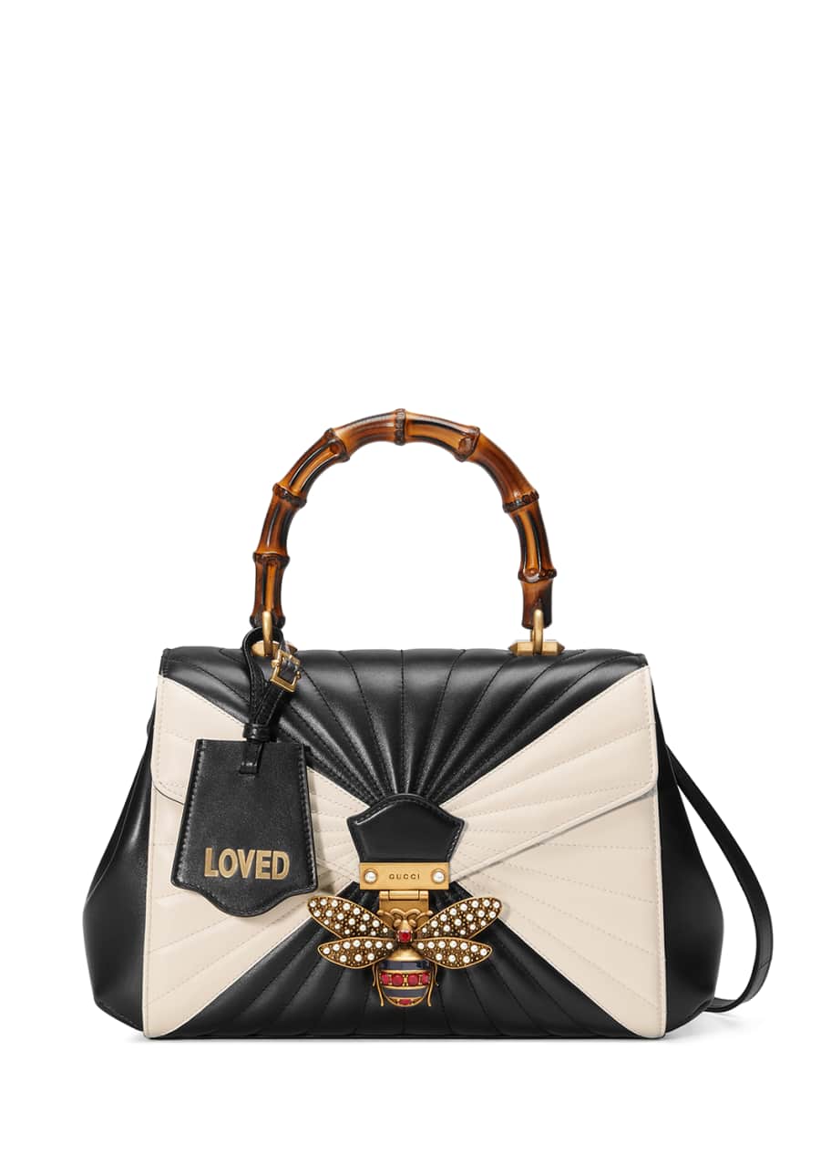 Gucci Queen Margaret Linea Medium Bee Bamboo Top Handle Bag Black