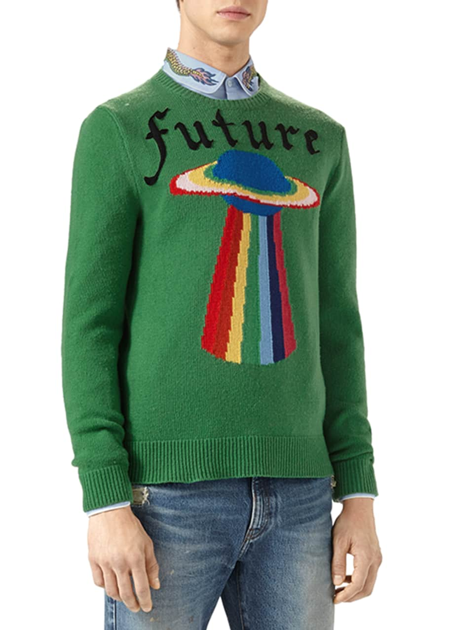 Gucci Future UFO Wool Crewneck Sweater, Green - Bergdorf Goodman