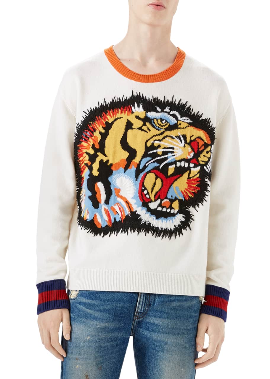$1500 GUCCI Tiger Intarsia Blue & White Striped Wool Sweater Size Large EUC