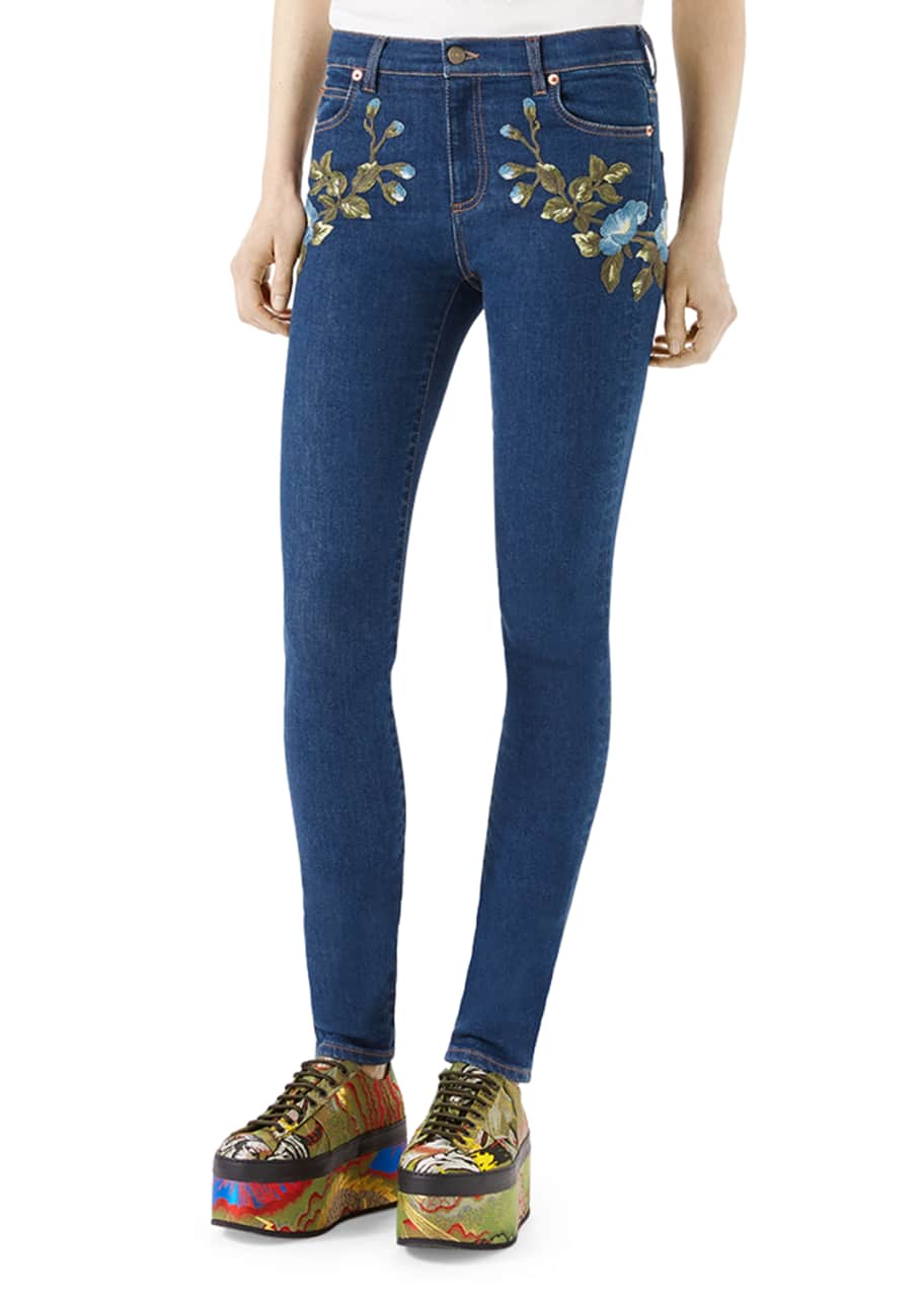 Gucci Floral Embroidered Stretch Denim Jeans Blue Pattern