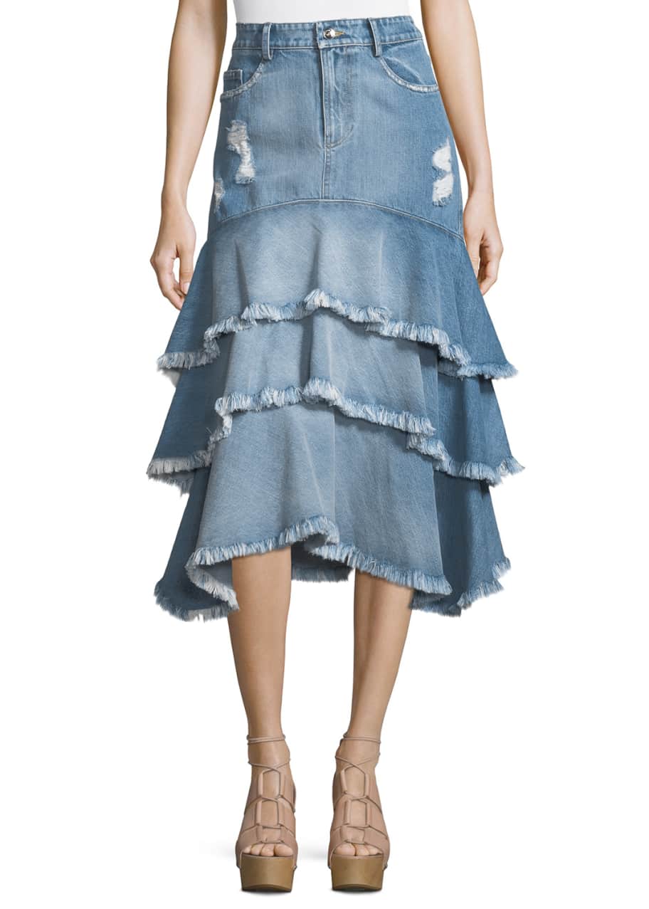 Denim ruffle midi clearance skirt