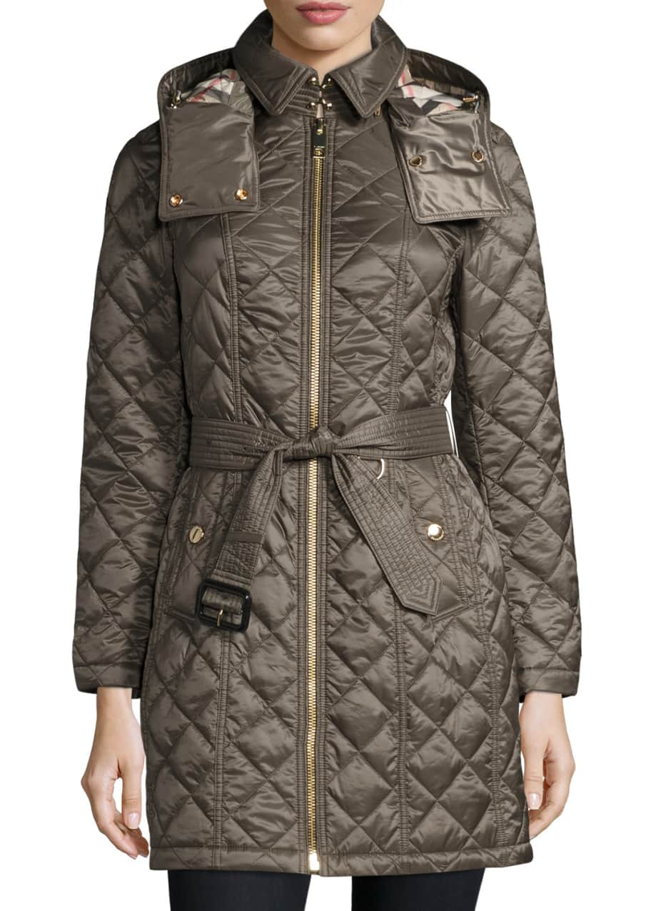 Burberry baughton quilted long jacket with belt deals