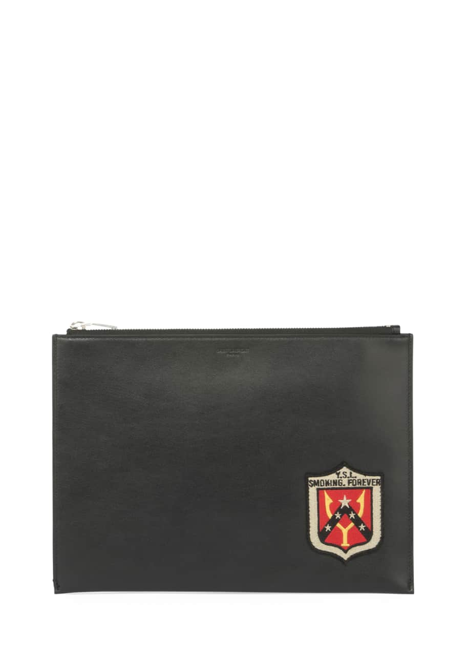 Saint Laurent YSL Smoking Forever Leather Zip-Top Pouch, Black