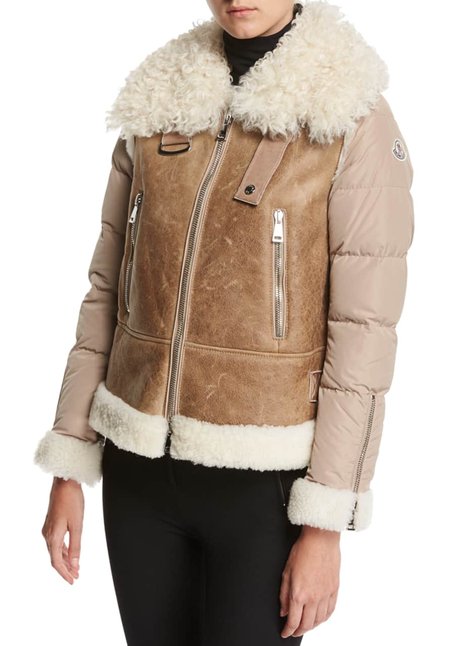 Moncler Kilia Mixed Media Shearling Puffer Coat Stone Bergdorf