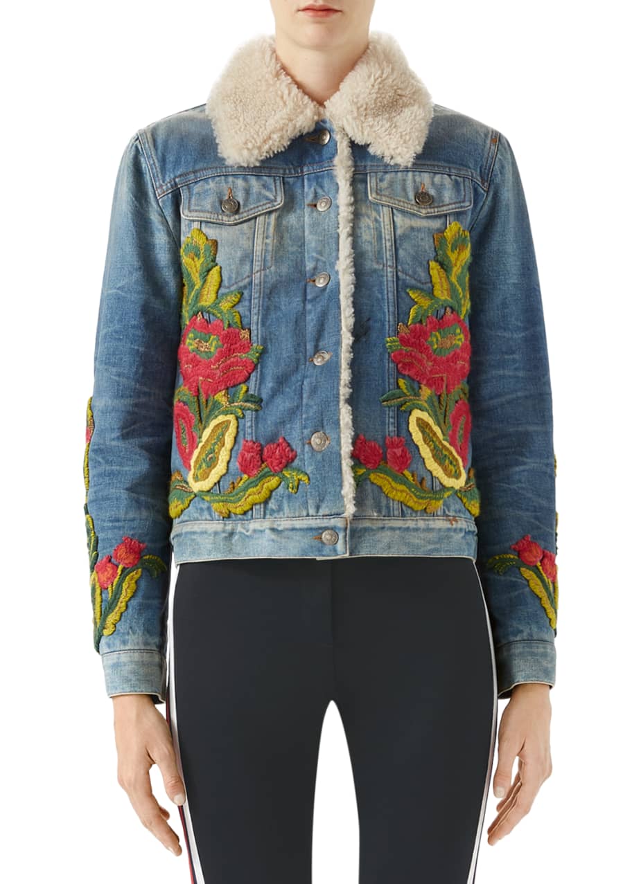 Gucci Floral-Embroidered Denim Jacket w/ Shearling Fur - Bergdorf
