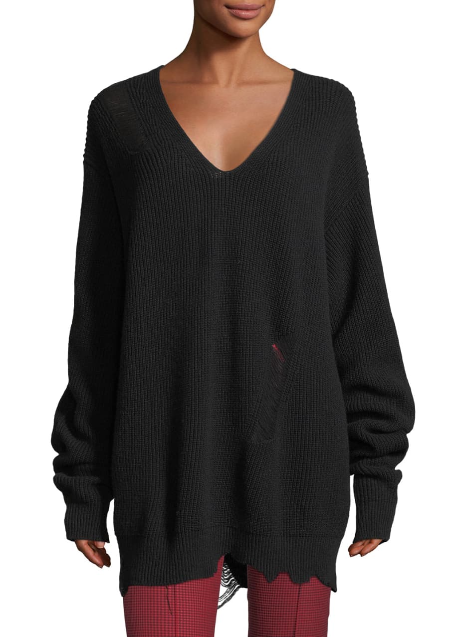 Helmut Lang Distressed V-Neck Oversized Wool-Cashmere Sweater