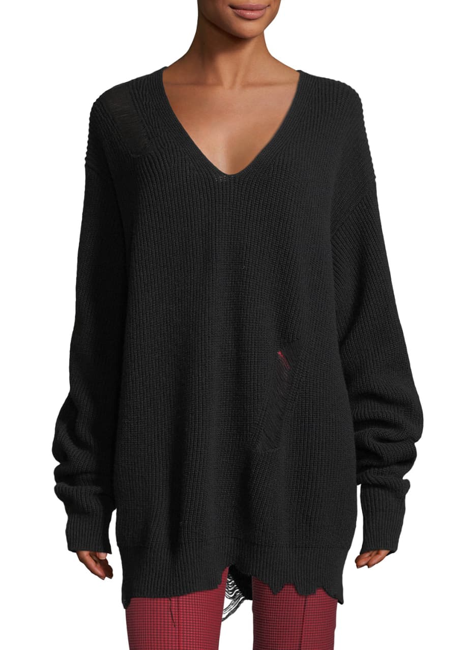 Helmut Lang Distressed V Neck Oversized Wool Cashmere Sweater