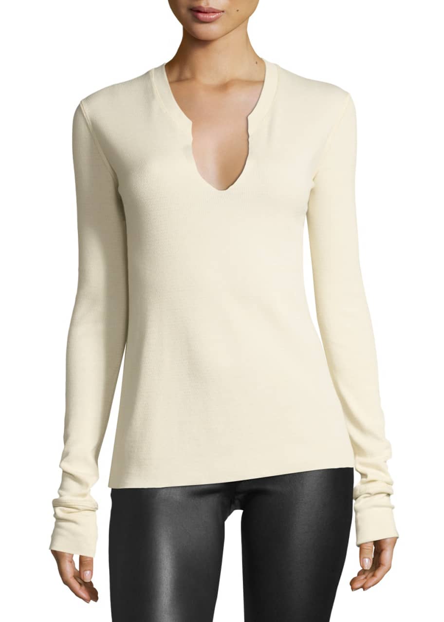 Image 1 of 1: Split-Neck Long-Sleeve Cotton Thermal Top