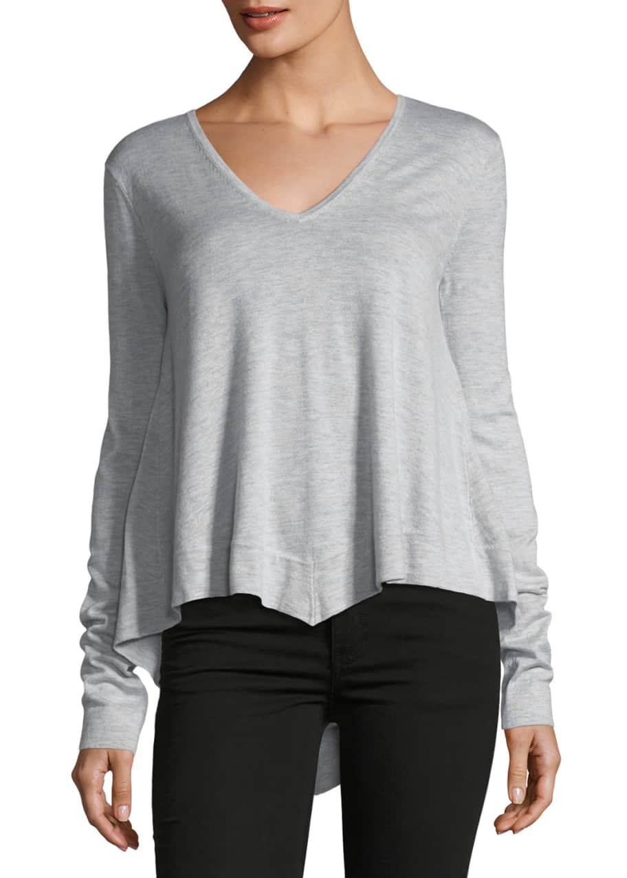 Image 1 of 1: V-Neck Long-Sleeve Wool-Blend Pullover Top