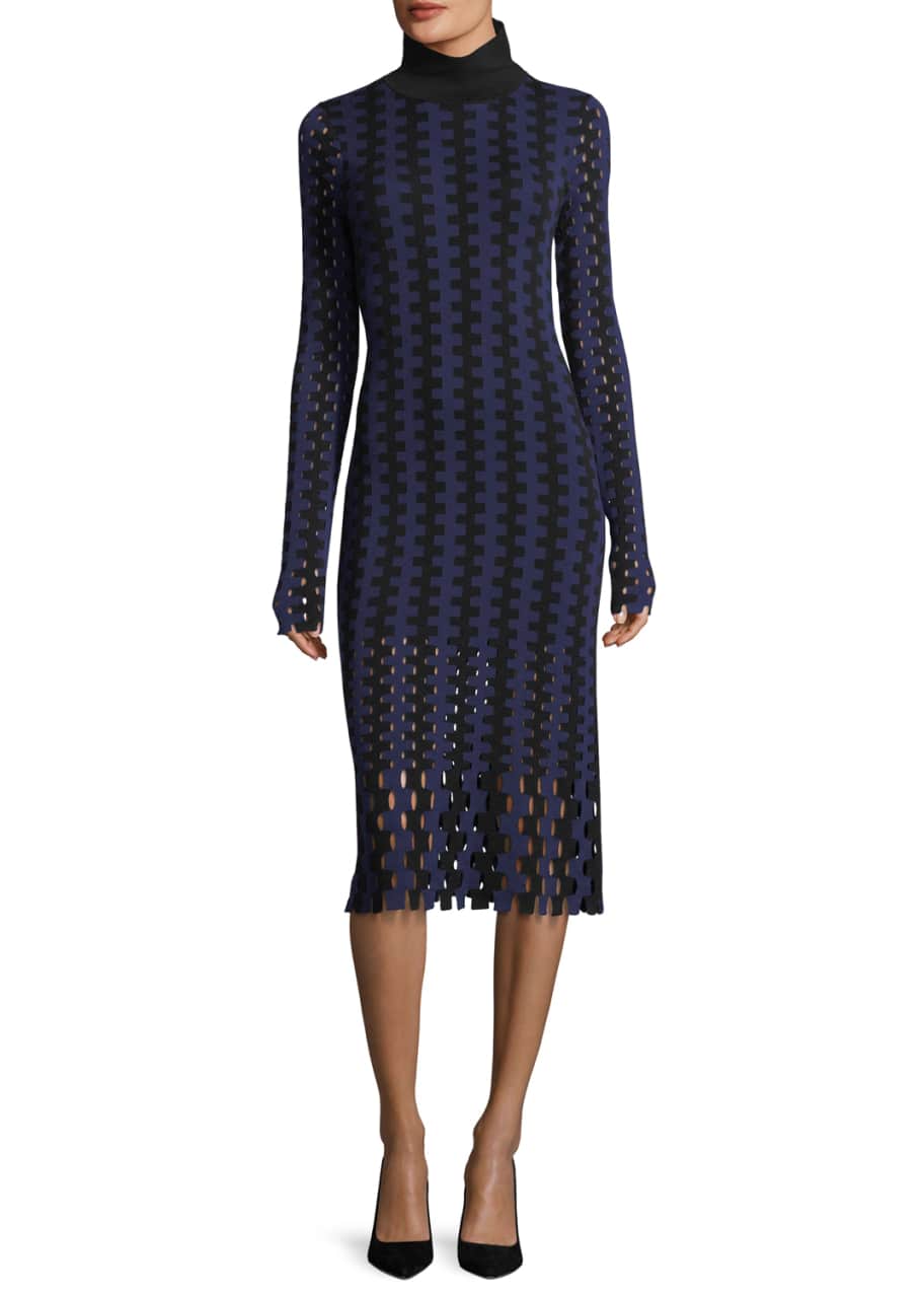Diane von Furstenberg Turtleneck Long-Sleeve Knit Intarsia Midi Dress ...