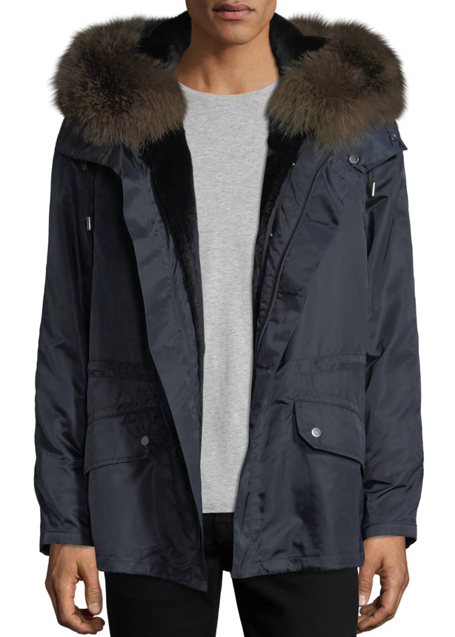 Yves Salomon Men Classic Mid Length Parka w Fur Trim Bergdorf