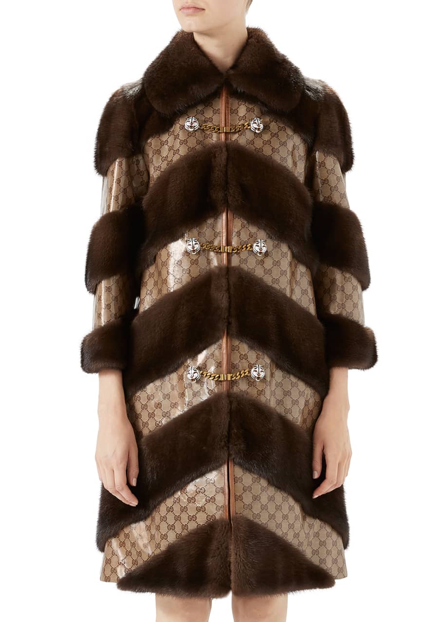 Image 1 of 1: Chevron Fur & GG Jacquard Coat