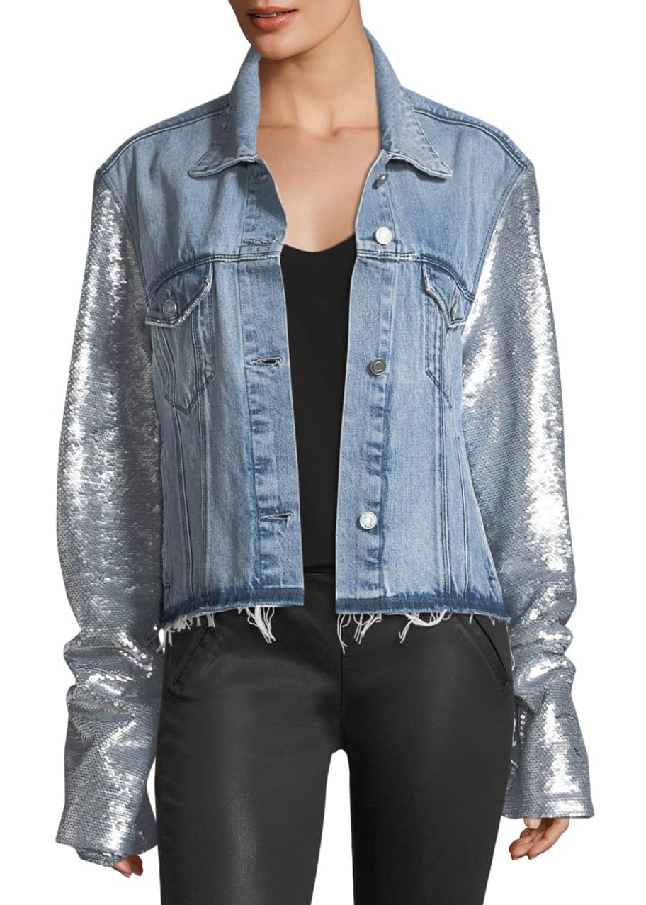 RtA Haylee Button Front Denim Jacket w Sequin Sleeves Bergdorf