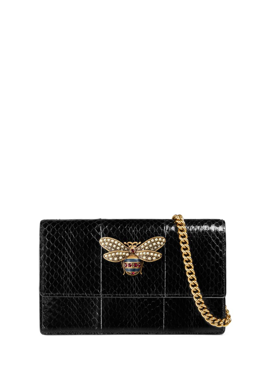Gucci Queen Margaret Snakeskin Wallet on Chain with Bee Bergdorf