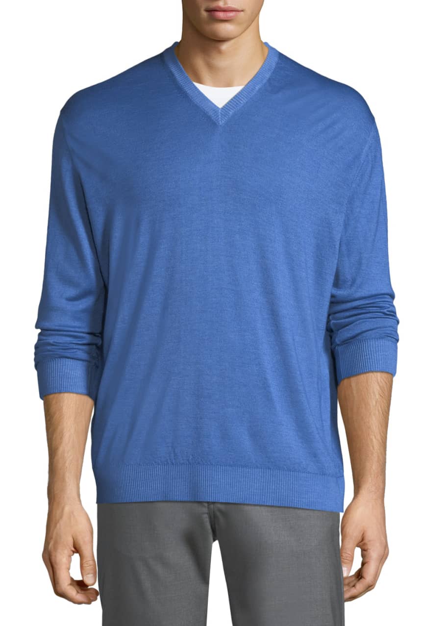 Kiton Washed Cashmere-Silk V-Neck Sweater, Blue - Bergdorf Goodman
