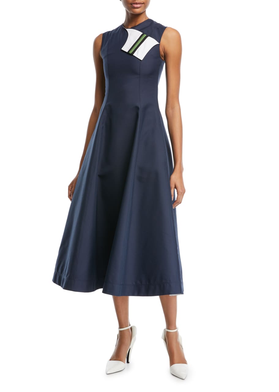 CALVIN KLEIN 205W39NYC Sleeveless Fit-and-Flare Tea-Length Dress with  Striped Foldover - Bergdorf Goodman