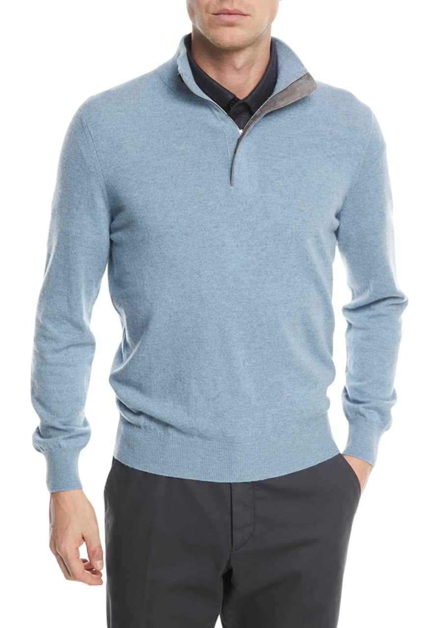 Ermenegildo Zegna Cashmere Half-Zip Sweater with Leather Trim ...