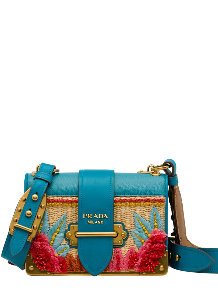 Prada cahier straw and leather bag online