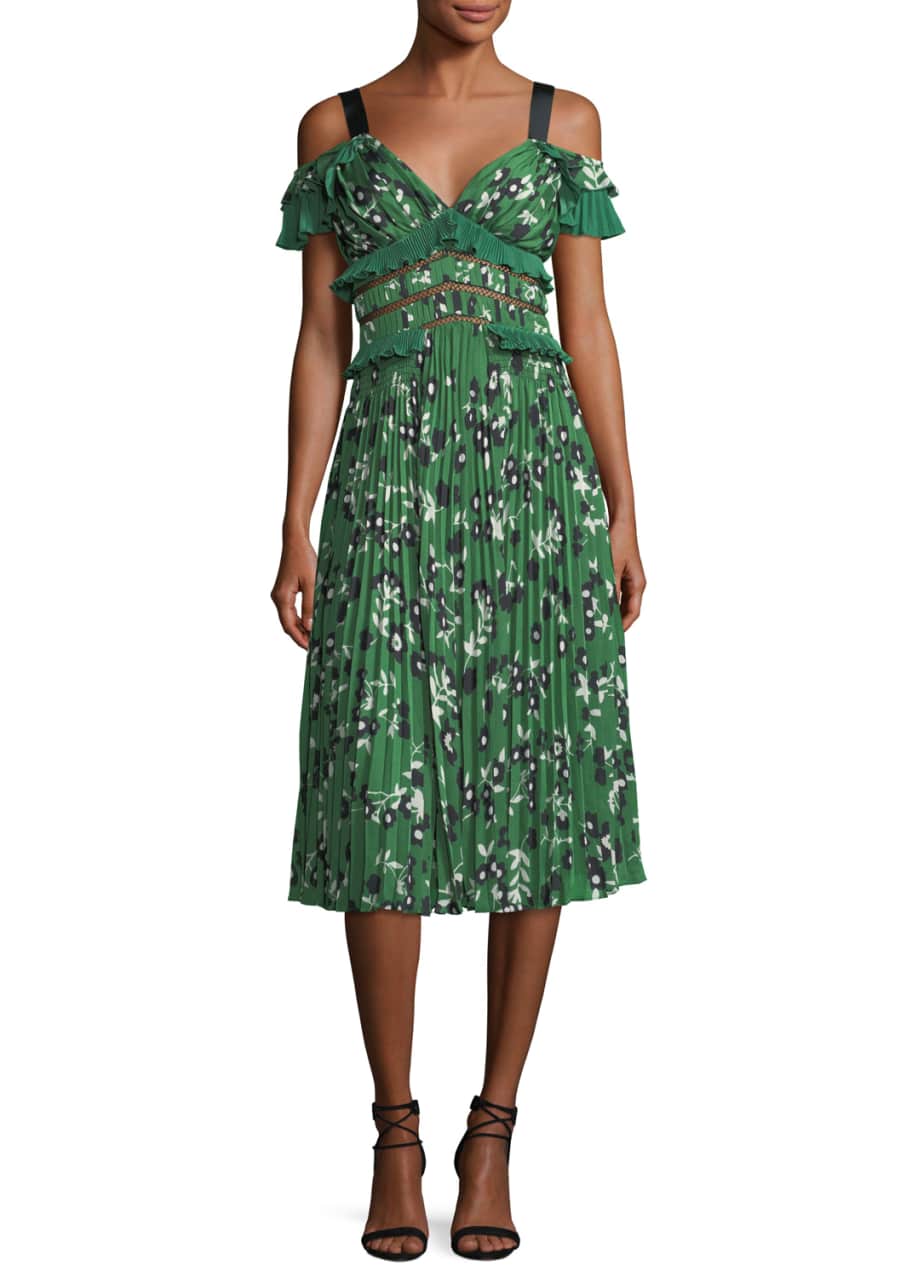 Self Portrait Cold Shoulder Floral Print Midi Dress with Pleats