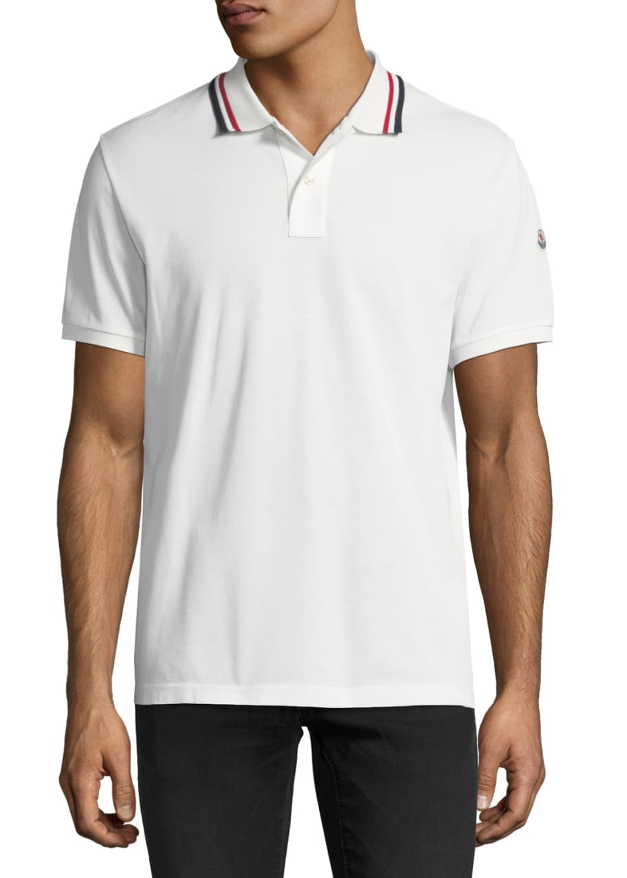 Image 1 of 1: Pique Polo Shirt with Tricolor Collar, Ivory
