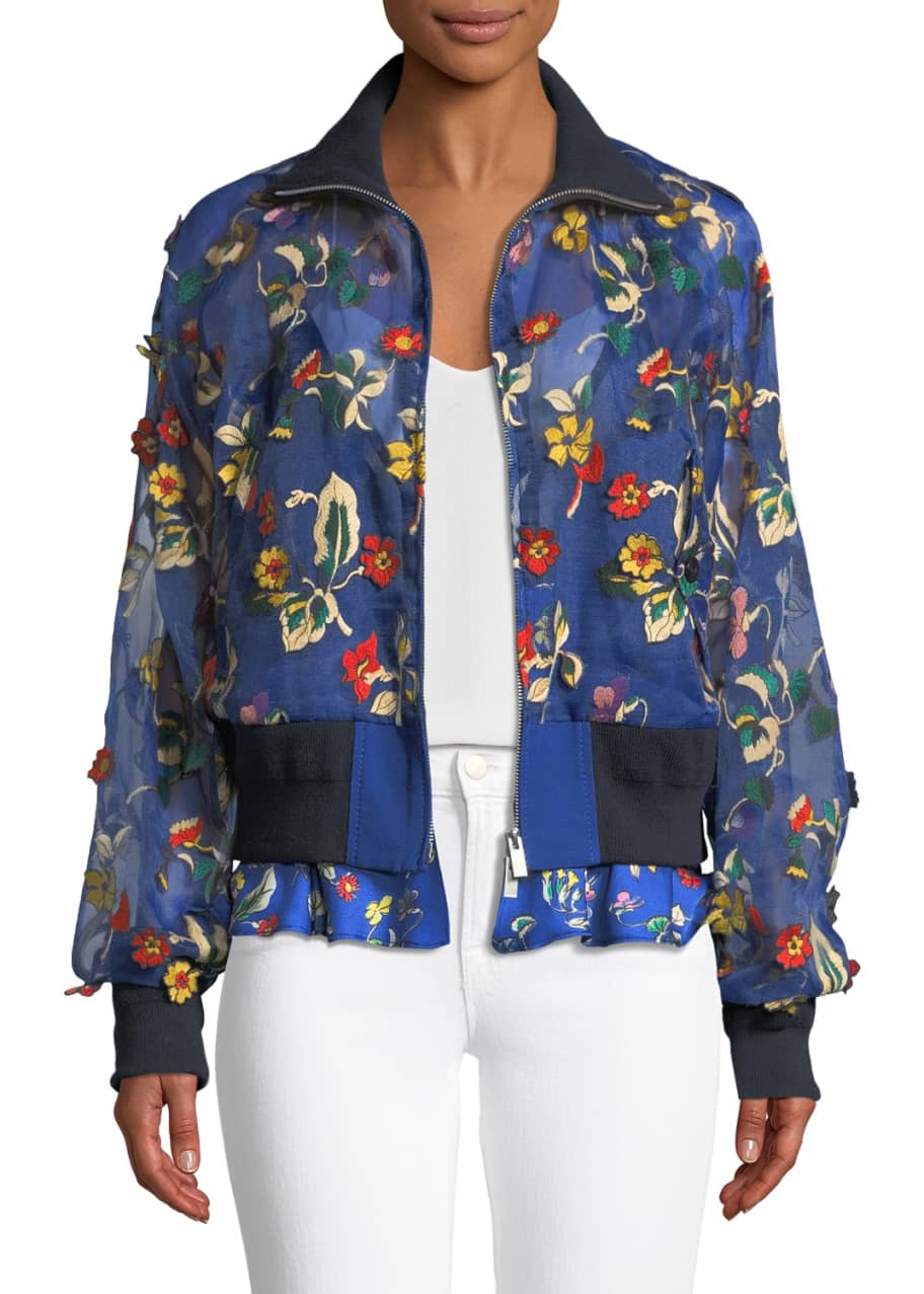 Image 1 of 1: Floral-Applique Zip-Front Organza Bomber Jacket