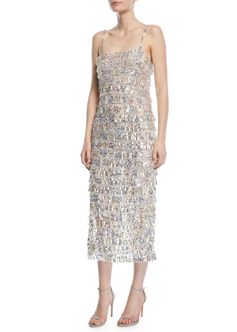 Monique Lhuillier Sequined Tier Fringe Midi Cocktail Dress