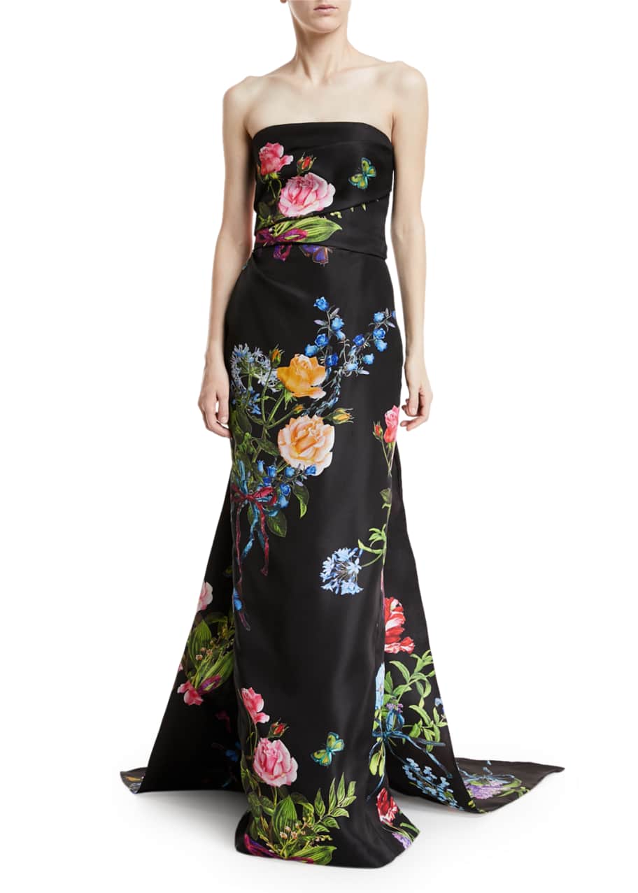 Monique Lhuillier Strapless Floral Print Draped Evening Gown with