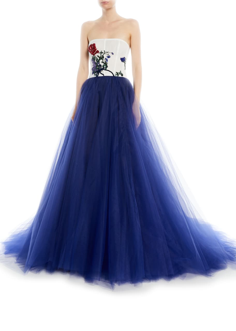 Monique Lhuillier Sequin Floral Bustier Tulle Skirt Evening Ball Gown Bergdorf Goodman