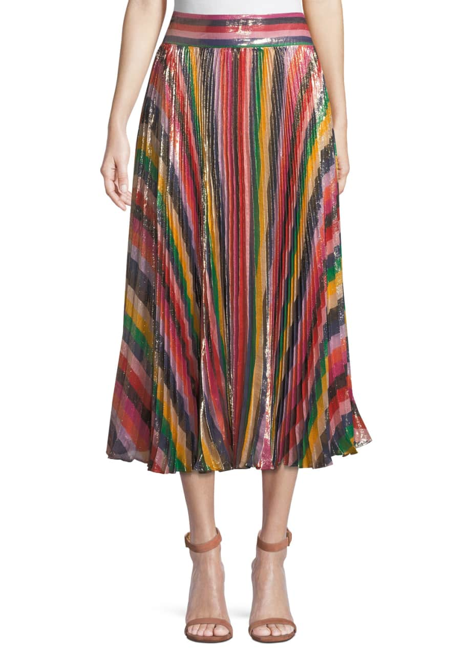 Alice + Olivia Katz Sunburst Pleated Metallic Striped Midi Skirt