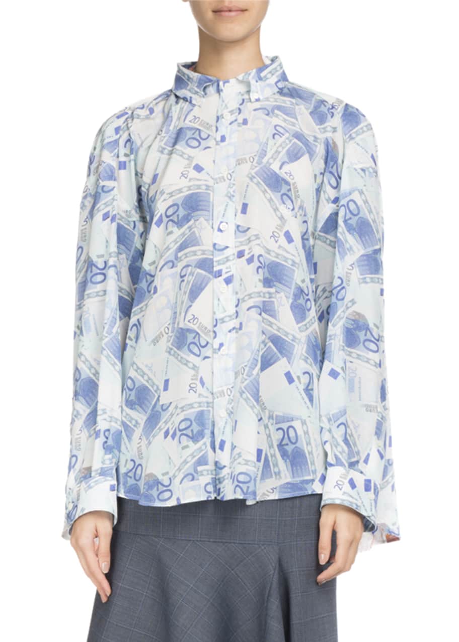 Balenciaga Button Front Euro Printed Silk Crepe Double Shirt