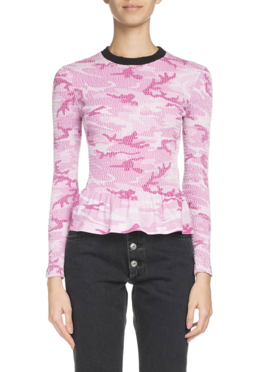 Balenciaga Crewneck Camo Jersey Pique Peplum Top Bergdorf Goodman