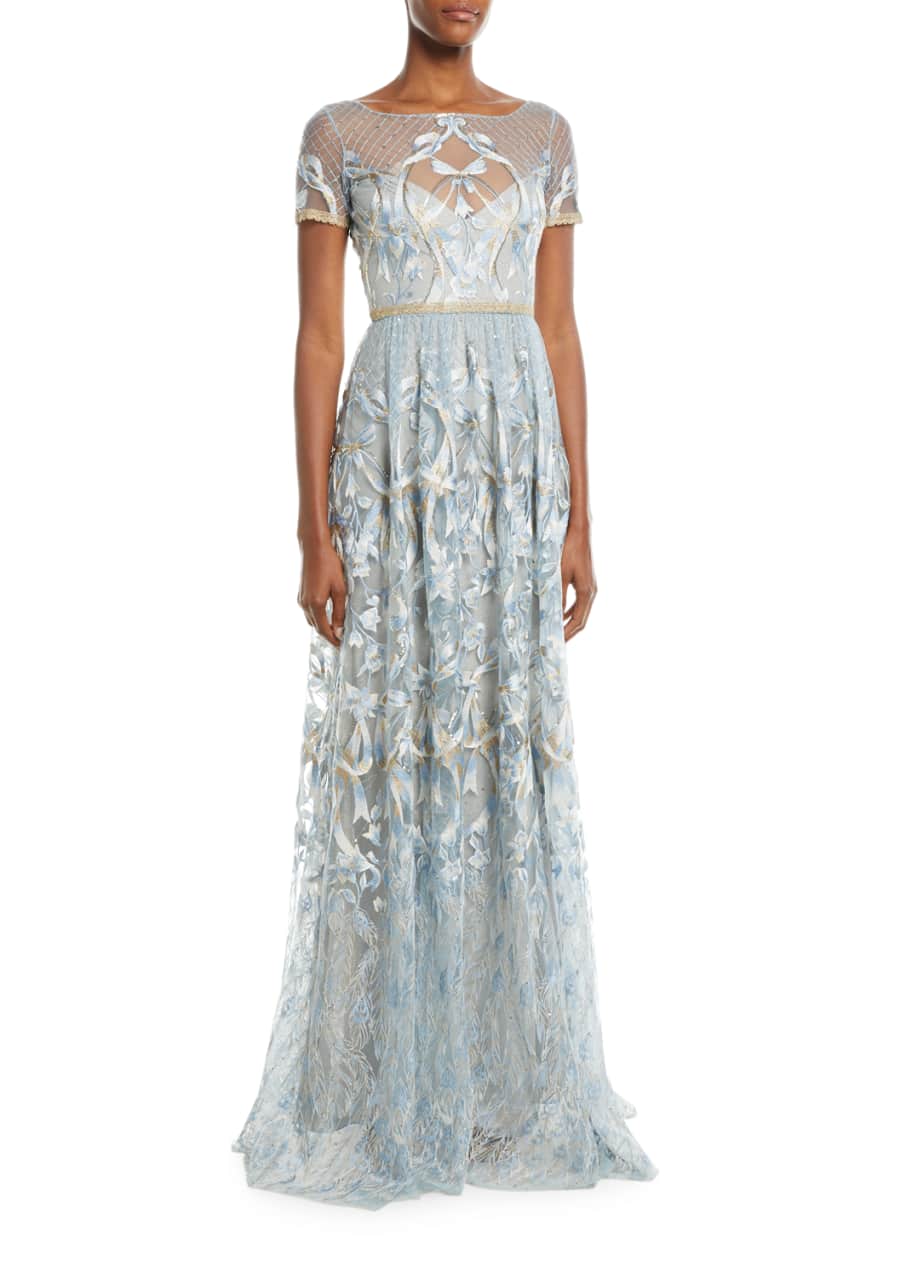 Marchesa Notte Embroidered Gown w/ Metallic Lace Trim - Bergdorf Goodman