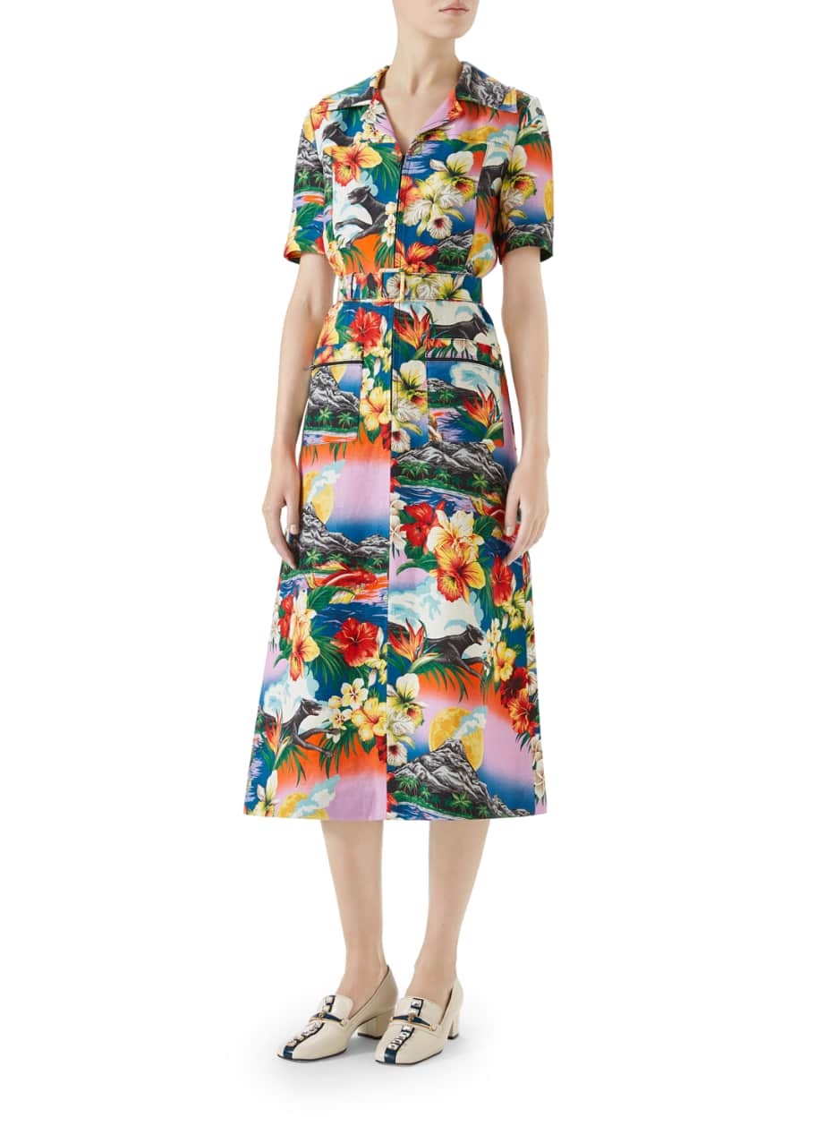 Gucci Short-Sleeve Exotic Hawaiian-Print Dress - Bergdorf Goodman
