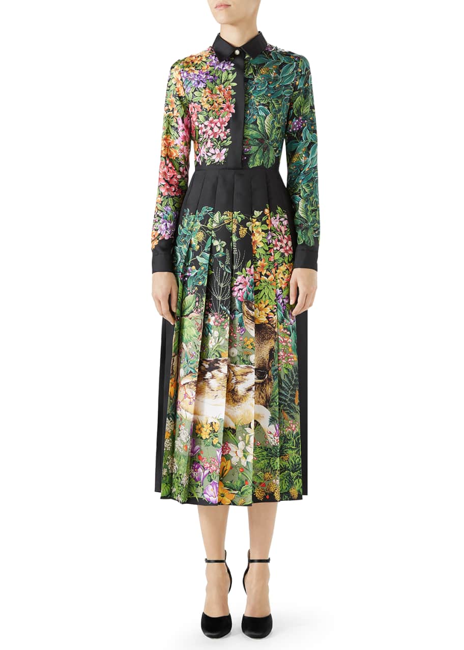 Gucci Long-Sleeve Floral-Print Silk Twill Midi Dress w/ Pleated Skirt ...