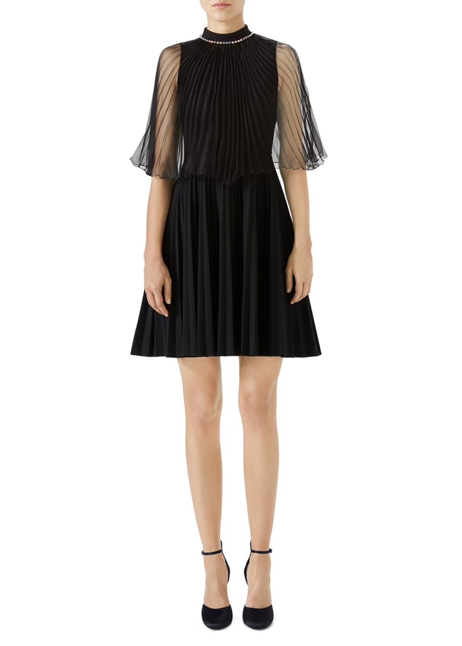 Gucci Jersey Cocktail Dress w/ Organza Plisse Capelet - Bergdorf Goodman