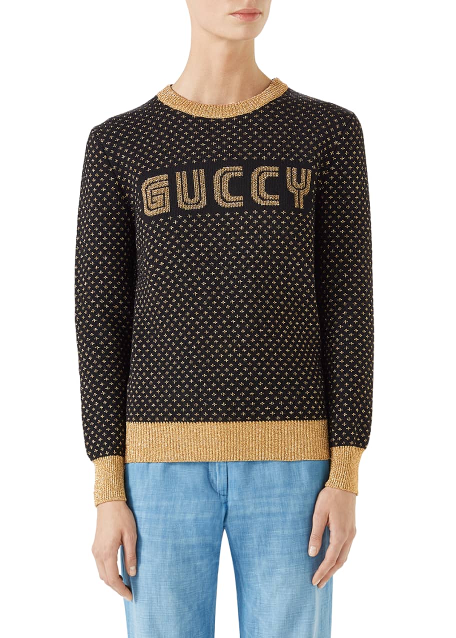 Gucci Long-Sleeve Crewneck Lurex® Wool Guccy SEGA Sweater 