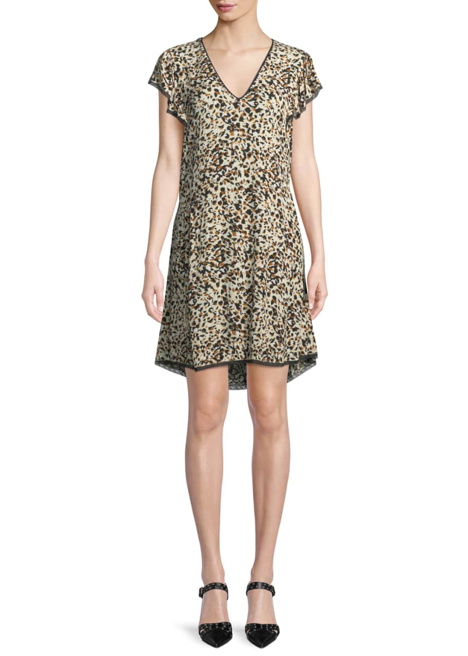 Zadig Voltaire Ringo V Neck Leopard Print Crinkled Crepe Dress