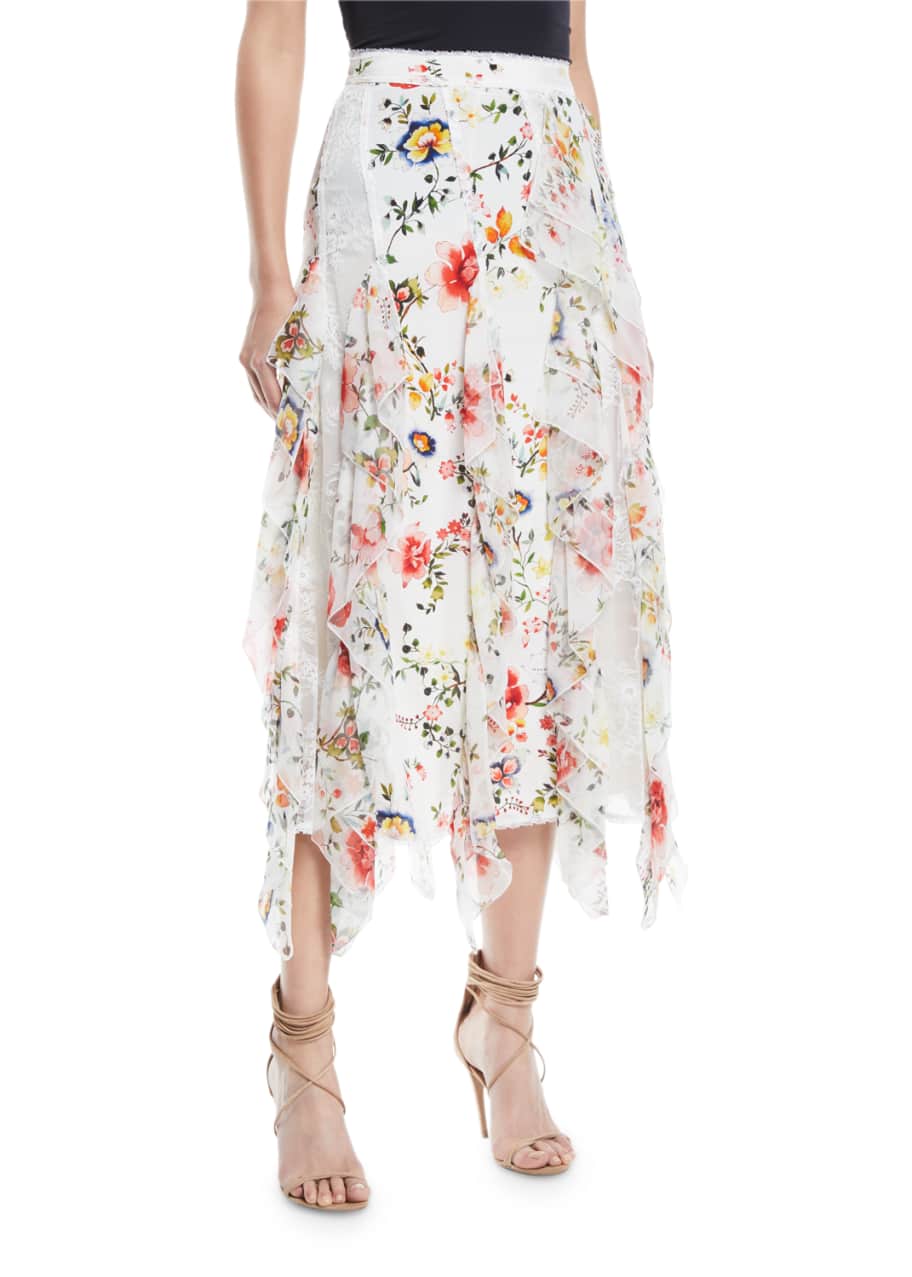 Image 1 of 1: Yula Lace Godet Skirt with Floral-Print Ruffled Frills