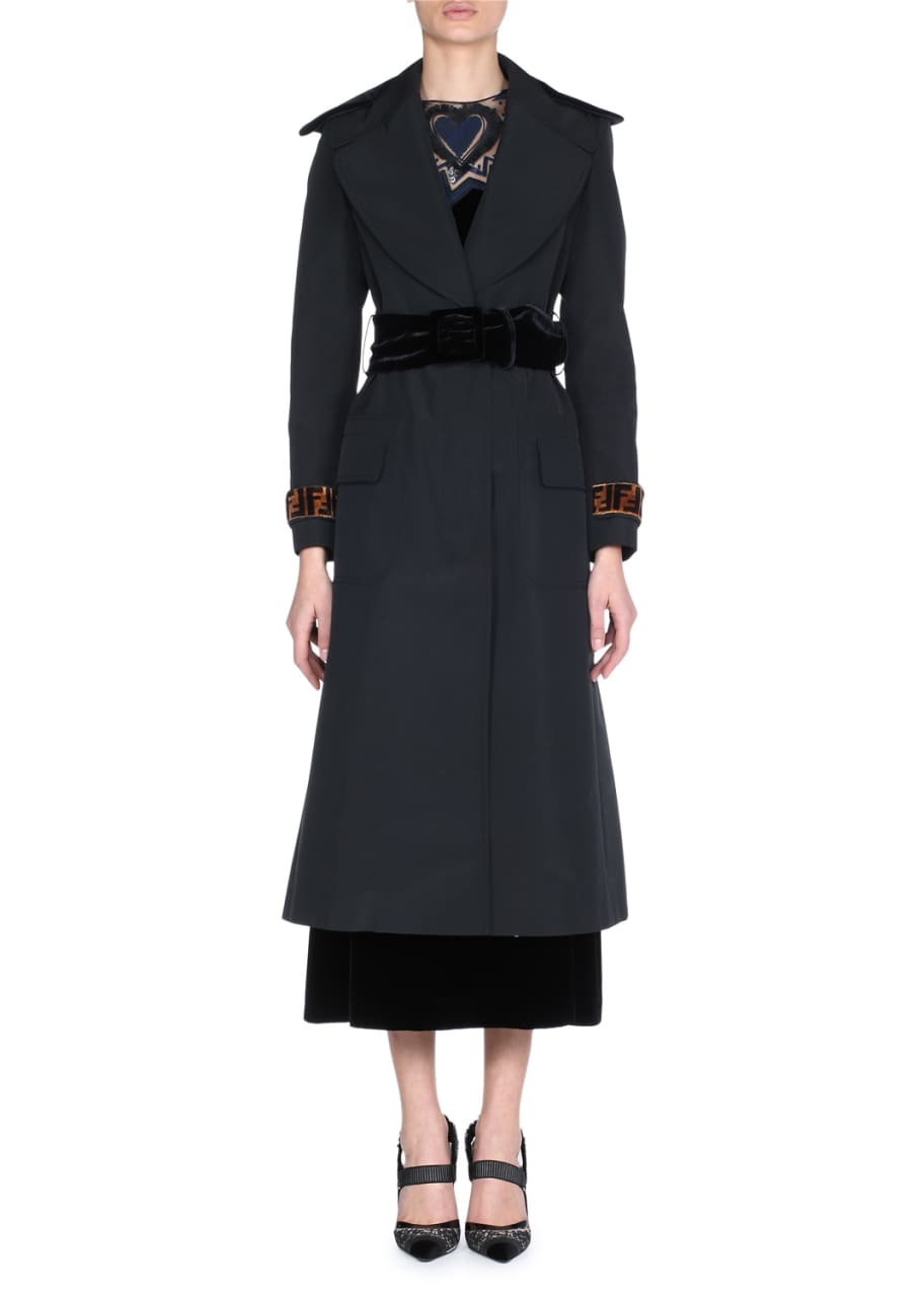 Fendi Trench Coat with Velvet Belt and FF Logo Cuffs - Bergdorf Goodman