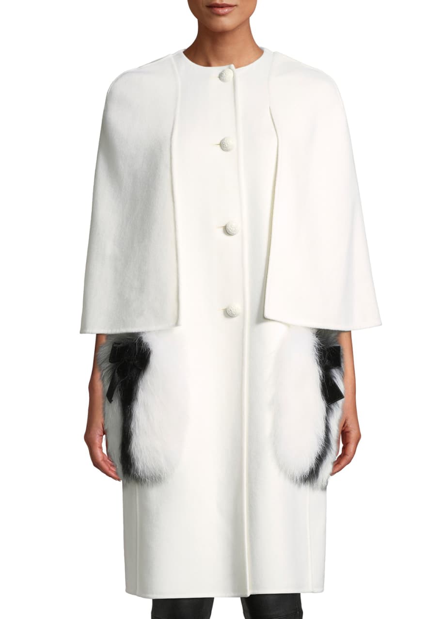Image 1 of 1: Single-Breasted Wool Cape Coat w/ Fox Fur Pockets