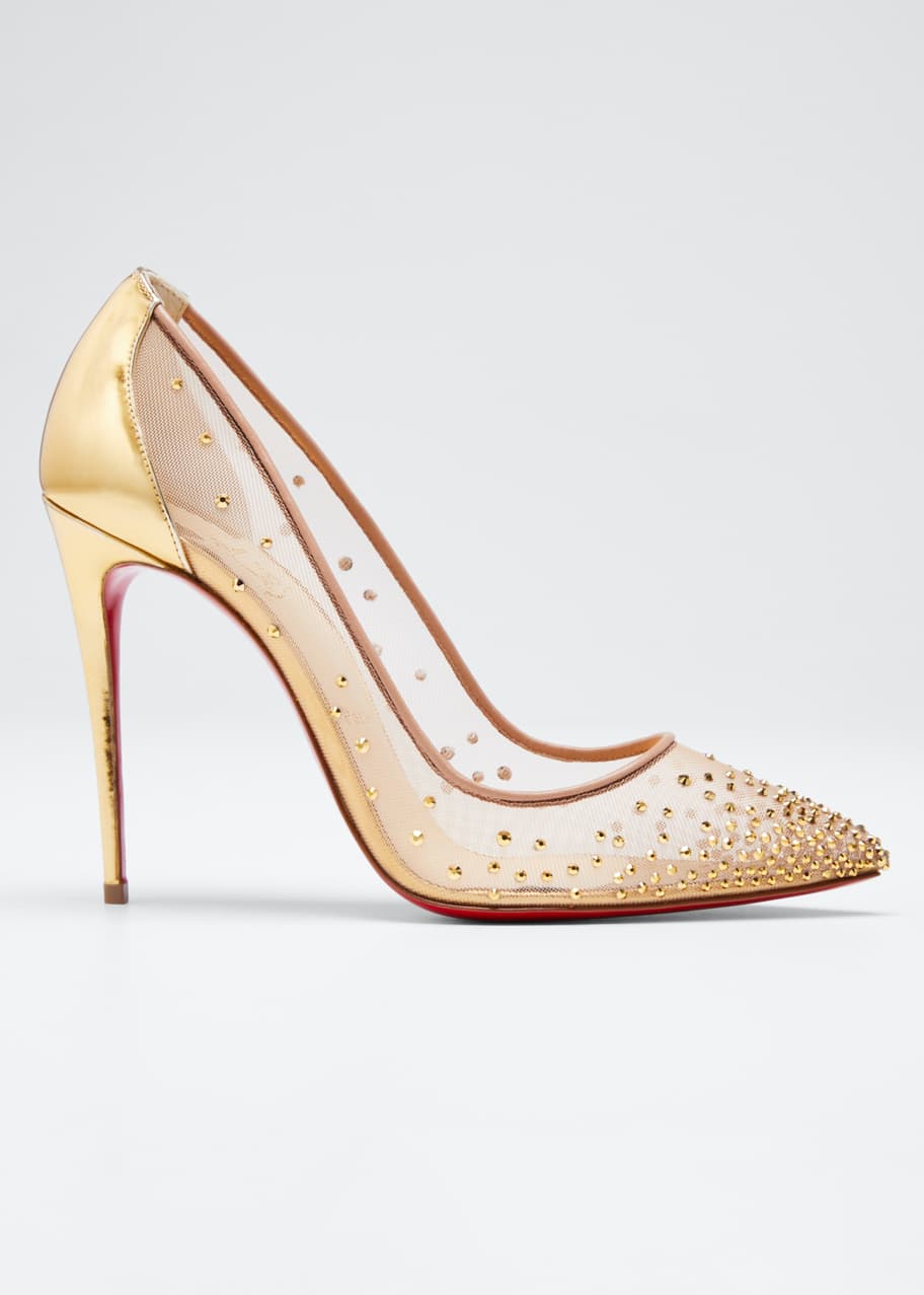 Image 1 of 1: Follies Strass Crystal Mesh Red Sole Pumps