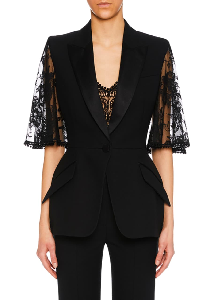 Alexander McQueen Lace Capelet Satin-Lapel Single-Breasted Wool-Silk ...