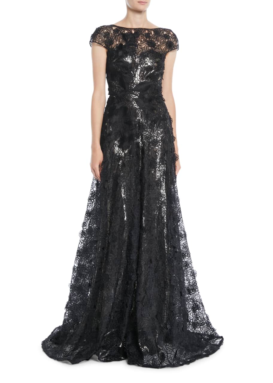 Naeem Khan Cap-Sleeve Fitted-Bodice A-Line Lace Evening Gown w ...