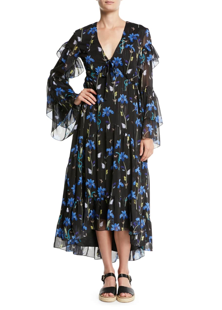 Image 1 of 1: V-Neck Long-Sleeve Butterfly Iris Print High-Low Long Dress